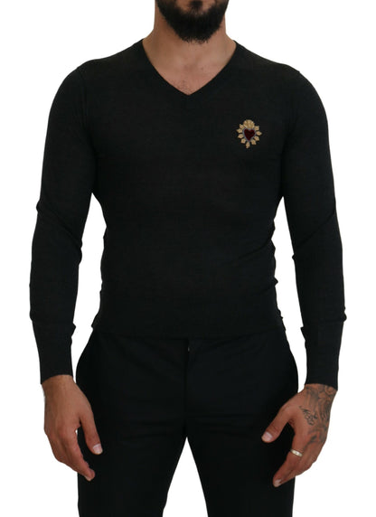 Jersey con cuello en V de cachemir gris con corazón dorado Dolce & Gabbana