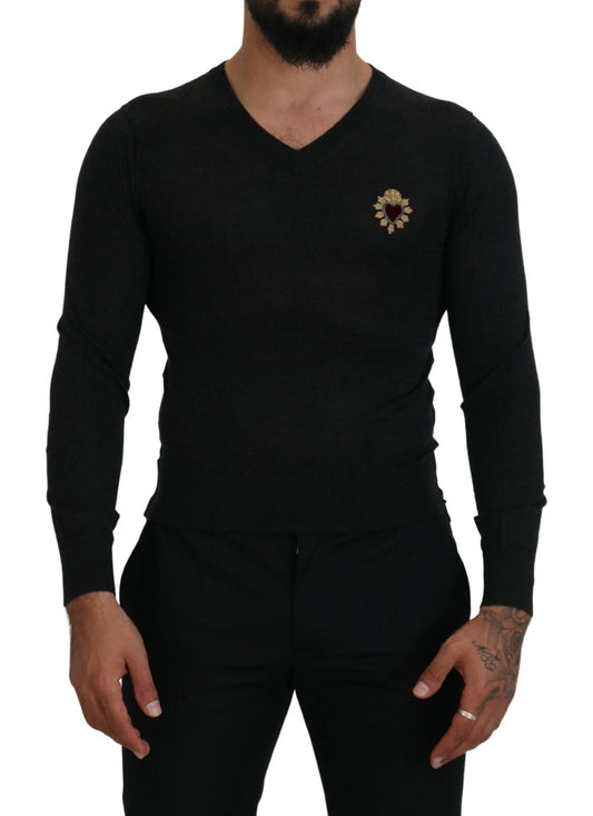 Jersey con cuello en V de cachemir gris con corazón dorado Dolce & Gabbana