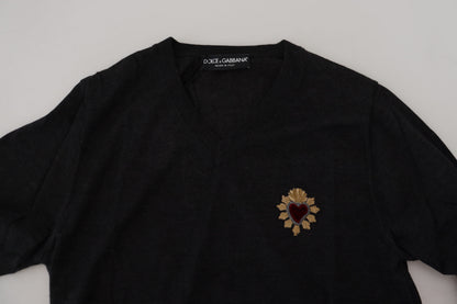 Jersey con cuello en V de cachemir gris con corazón dorado Dolce & Gabbana