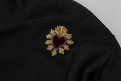 Jersey con cuello en V de cachemir gris con corazón dorado Dolce & Gabbana