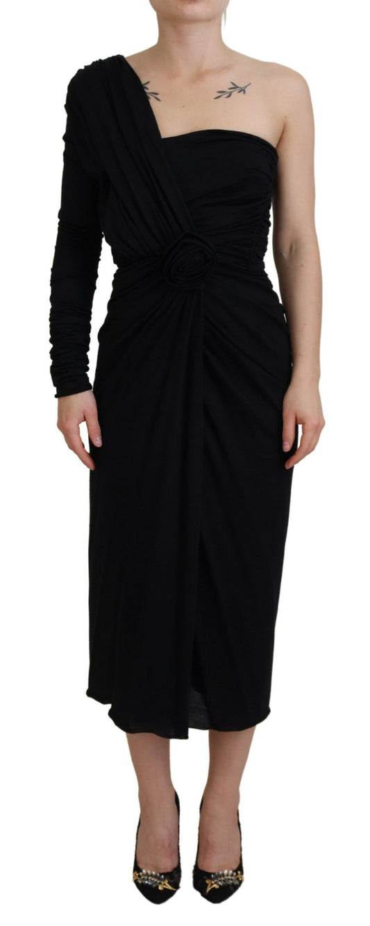 Vestido de lana Dolce & Gabbana negro, estilo tubo, cruzado y con un solo hombro