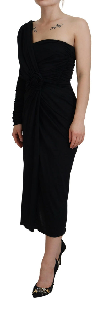 Vestido de lana Dolce & Gabbana negro, estilo tubo, cruzado y con un solo hombro