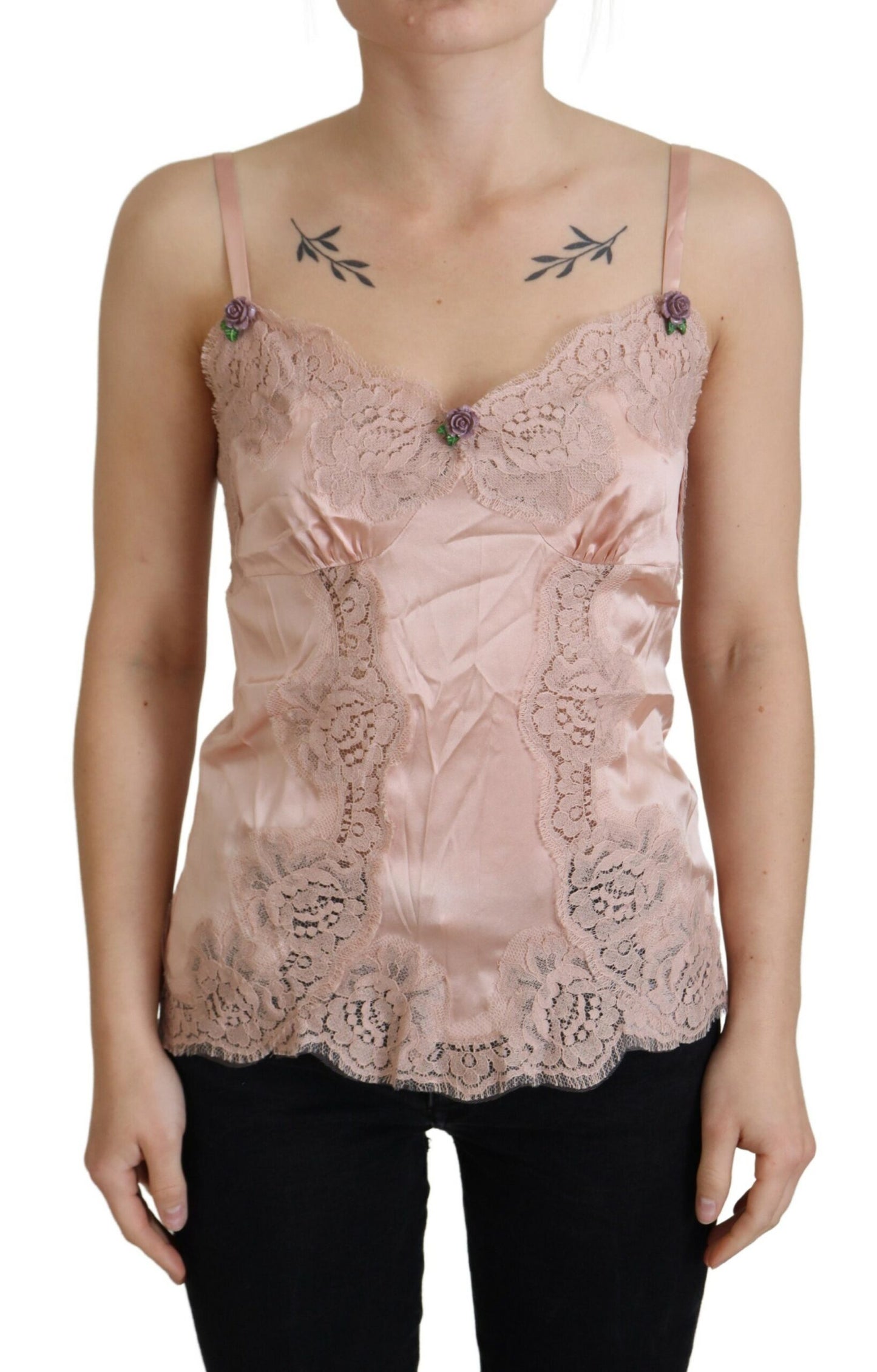 Dolce & Gabbana Camiseta sin mangas de satén rosa con encaje y rosas Lencería