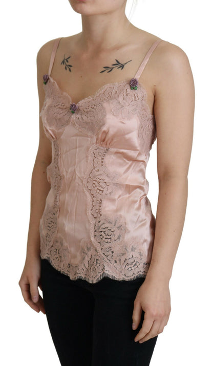 Dolce & Gabbana Camiseta sin mangas de satén rosa con encaje y rosas Lencería
