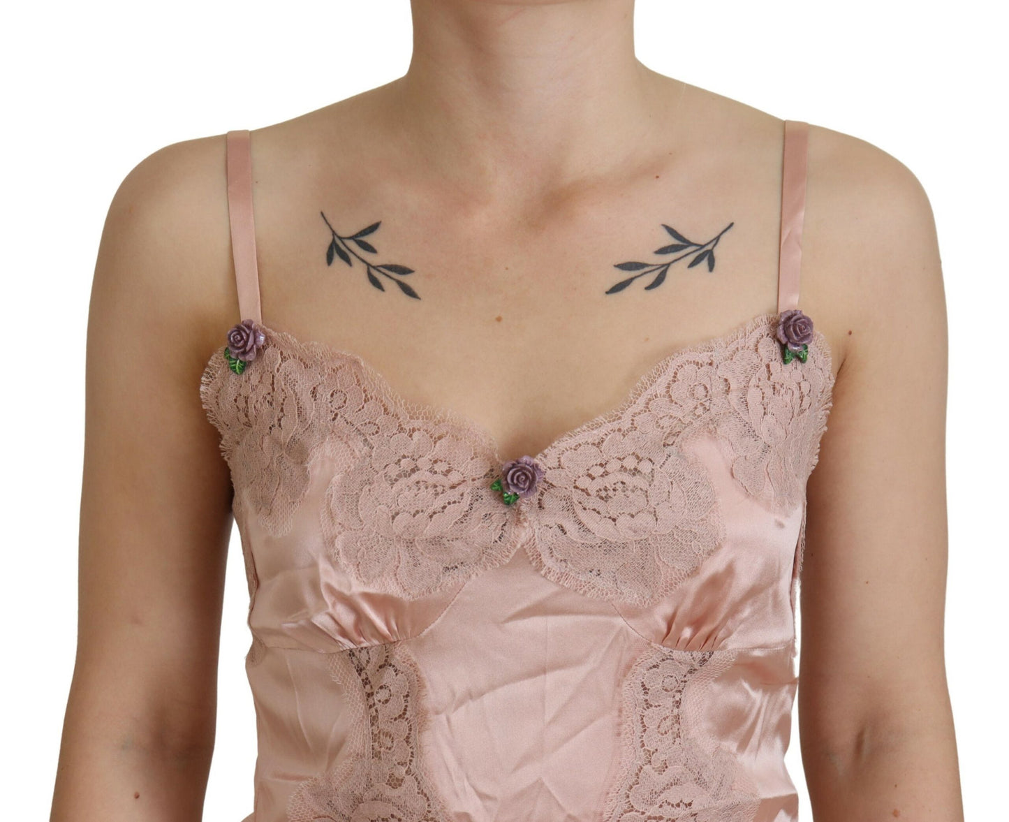 Dolce & Gabbana Camiseta sin mangas de satén rosa con encaje y rosas Lencería