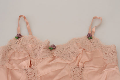 Dolce & Gabbana Camiseta sin mangas de satén rosa con encaje y rosas Lencería