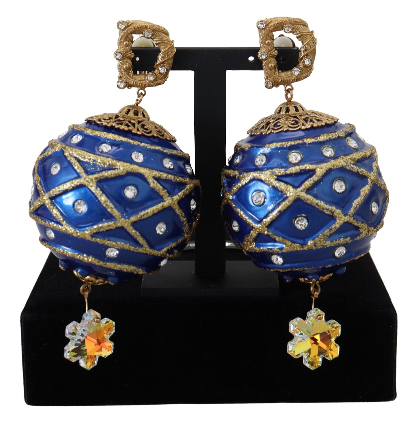 Pendientes de clip Dolce & Gabbana de latón dorado, azul, colgantes de bola y cristales