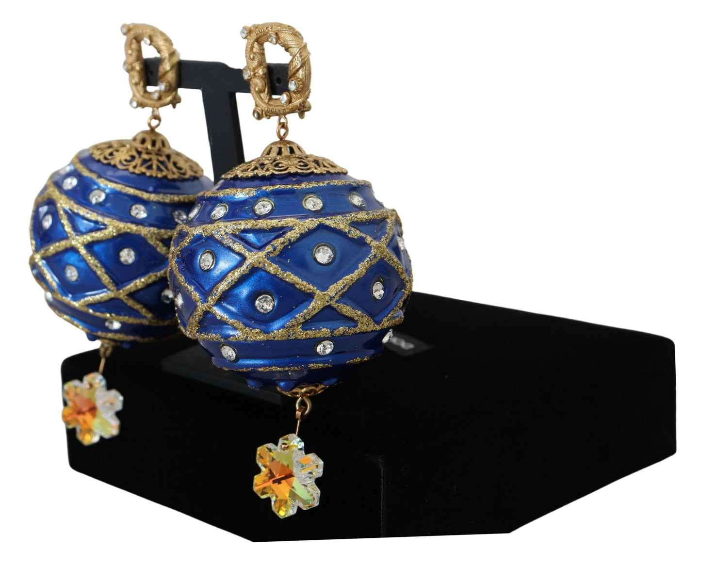Pendientes de clip Dolce & Gabbana de latón dorado, azul, colgantes de bola y cristales