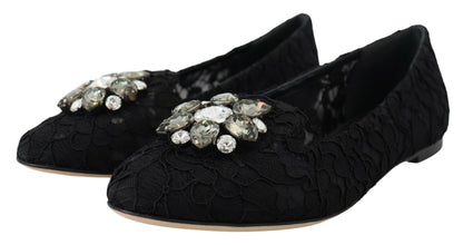 Zapatos planos con cristales y encaje Taormina negros de Dolce & Gabbana