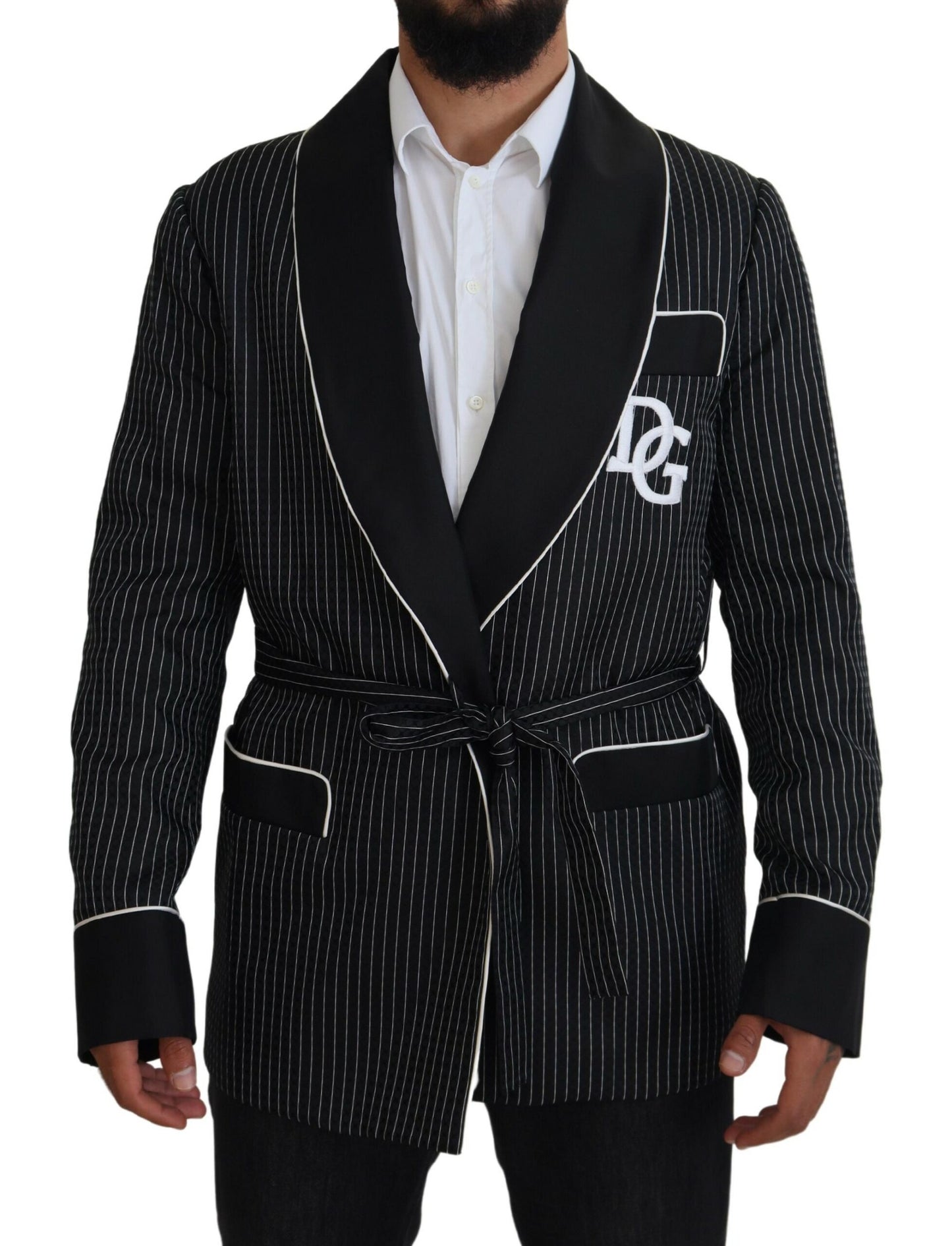 Dolce & Gabbana Chaqueta de hombre con raya, parche DG y bata negra
