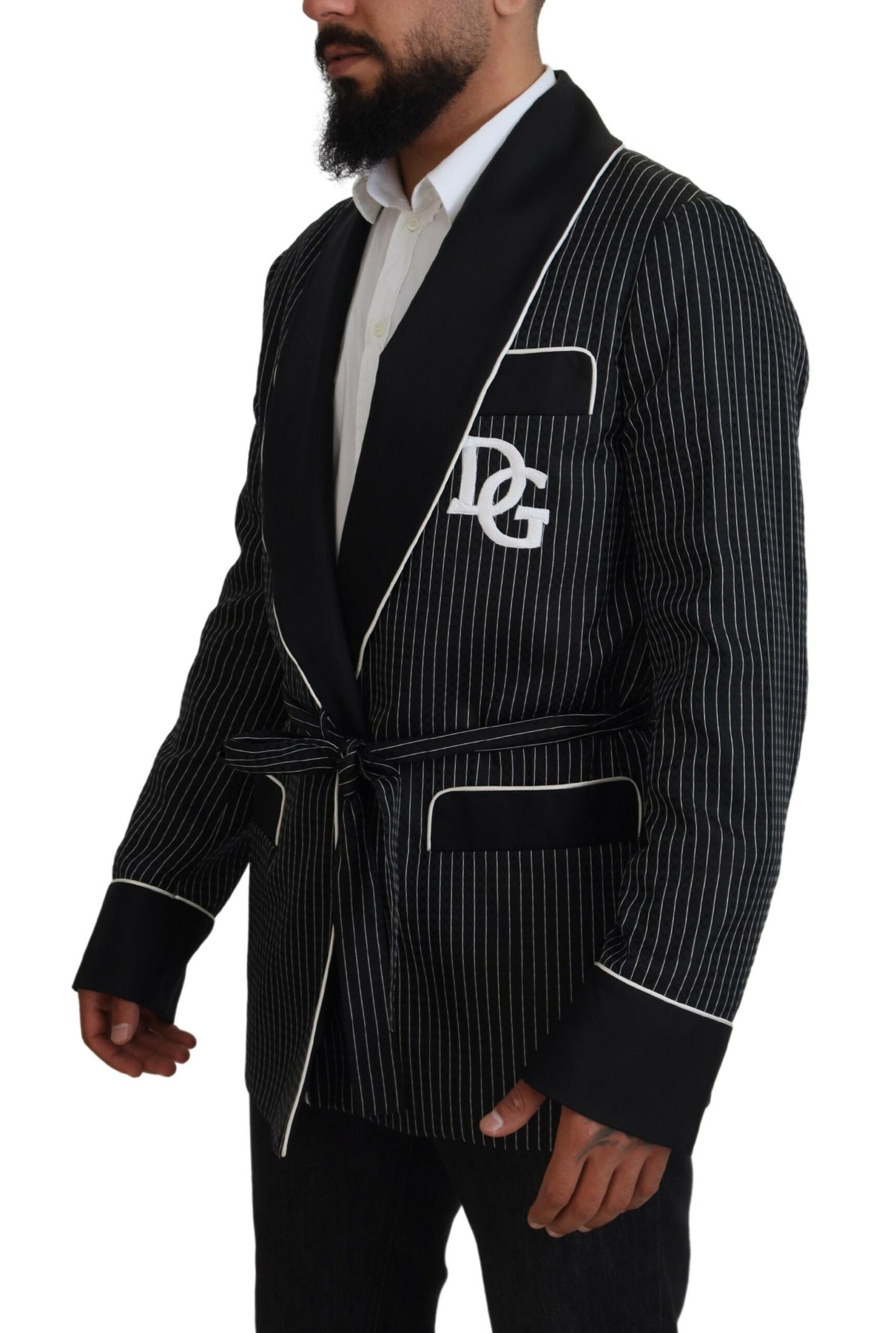 Dolce & Gabbana Chaqueta de hombre con raya, parche DG y bata negra