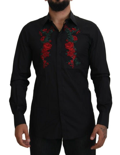 Camisa Dorada de Manga Larga para Hombre con Bordado Floral Negro de Dolce & Gabbana