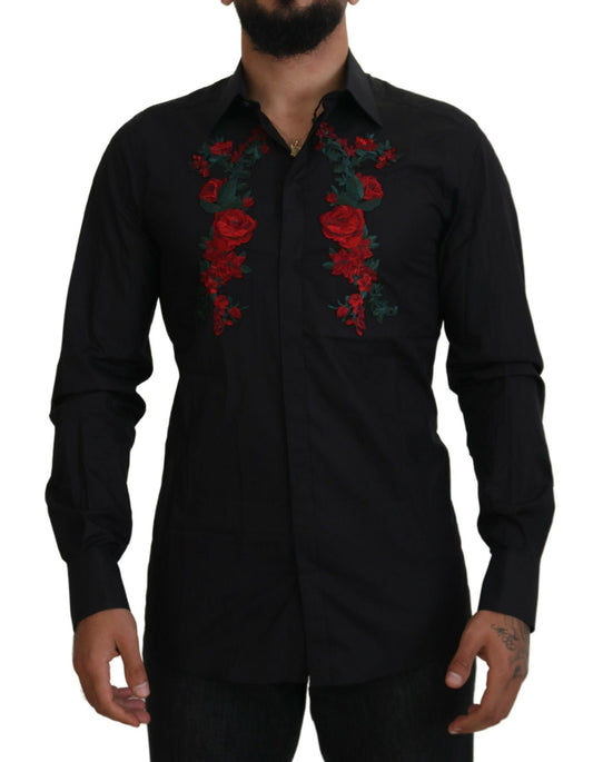 Camisa Dorada de Manga Larga para Hombre con Bordado Floral Negro de Dolce & Gabbana