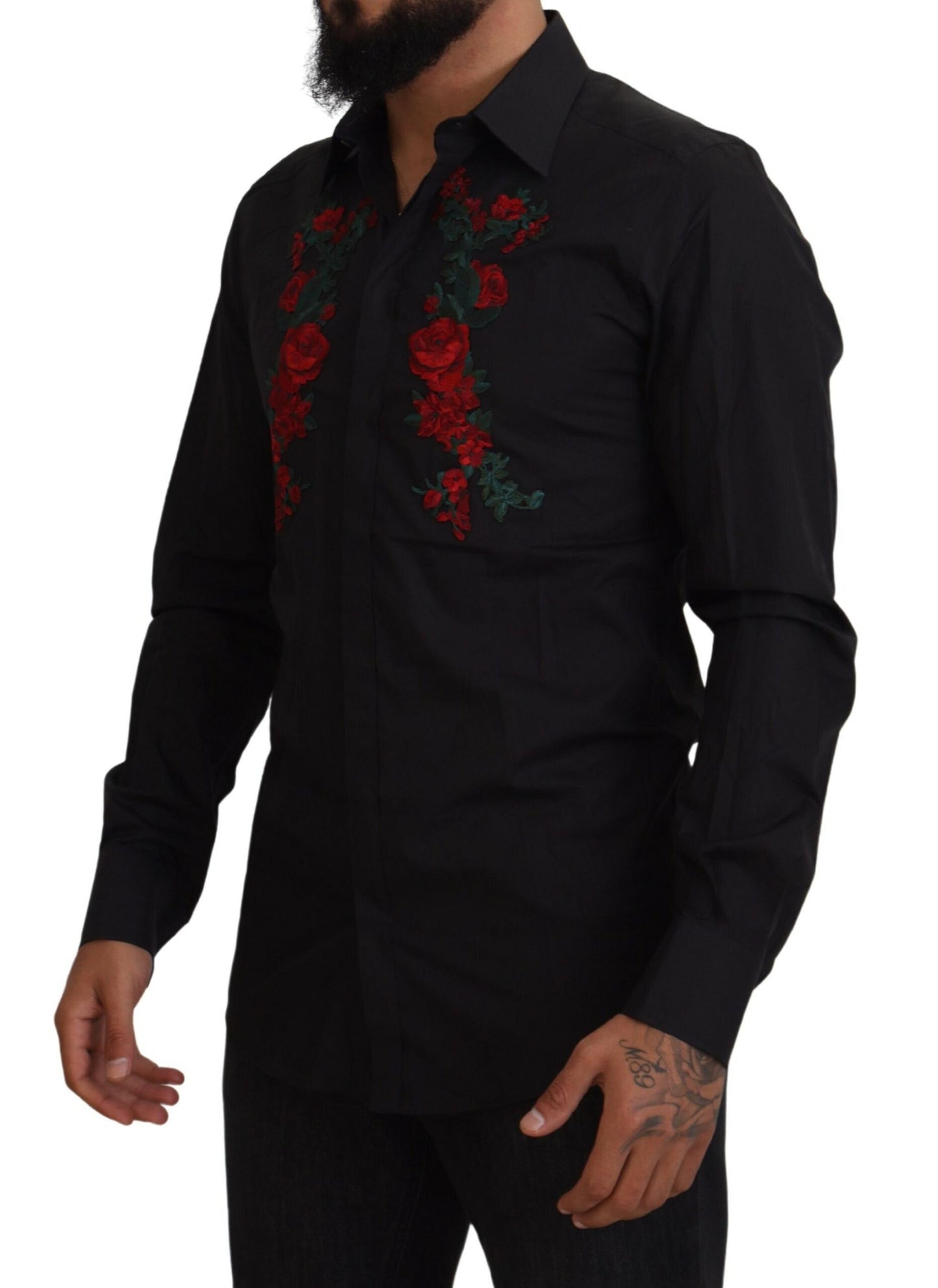Camisa Dorada de Manga Larga para Hombre con Bordado Floral Negro de Dolce & Gabbana