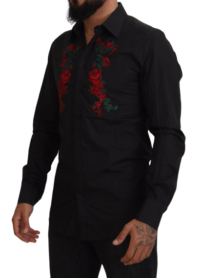 Camisa Dorada de Manga Larga para Hombre con Bordado Floral Negro de Dolce & Gabbana