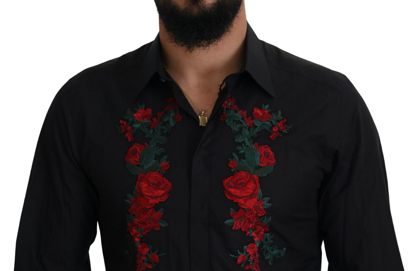 Camisa Dorada de Manga Larga para Hombre con Bordado Floral Negro de Dolce & Gabbana