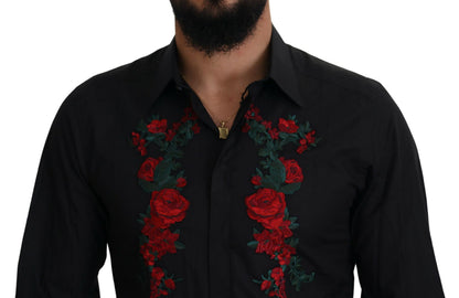 Camisa Dorada de Manga Larga para Hombre con Bordado Floral Negro de Dolce & Gabbana