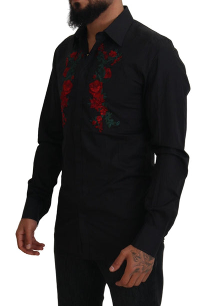 Camisa Dorada de Manga Larga para Hombre con Bordado Floral Negro de Dolce & Gabbana