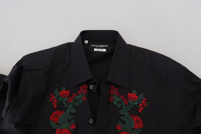 Camisa Dorada de Manga Larga para Hombre con Bordado Floral Negro de Dolce & Gabbana