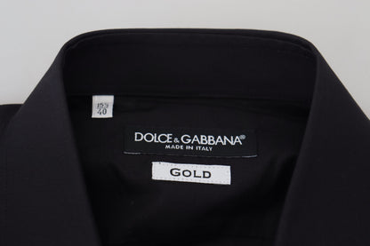 Camisa Dorada de Manga Larga para Hombre con Bordado Floral Negro de Dolce & Gabbana