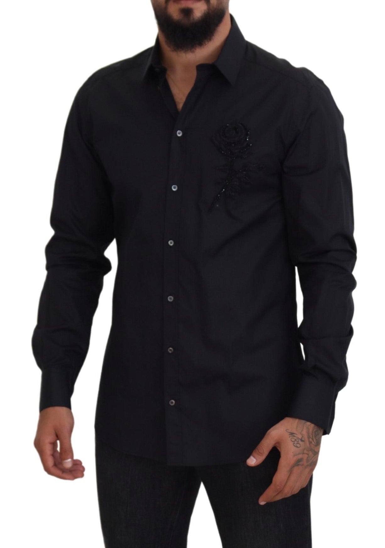 Camisa de algodón ajustada con rosas negras de Dolce & Gabbana
