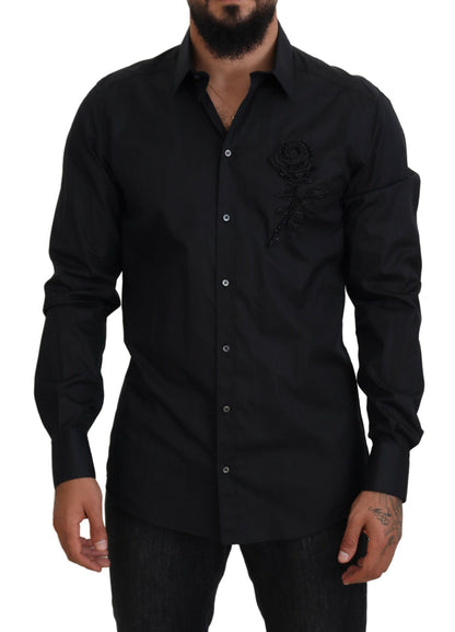 Camisa de algodón ajustada con rosas negras de Dolce & Gabbana