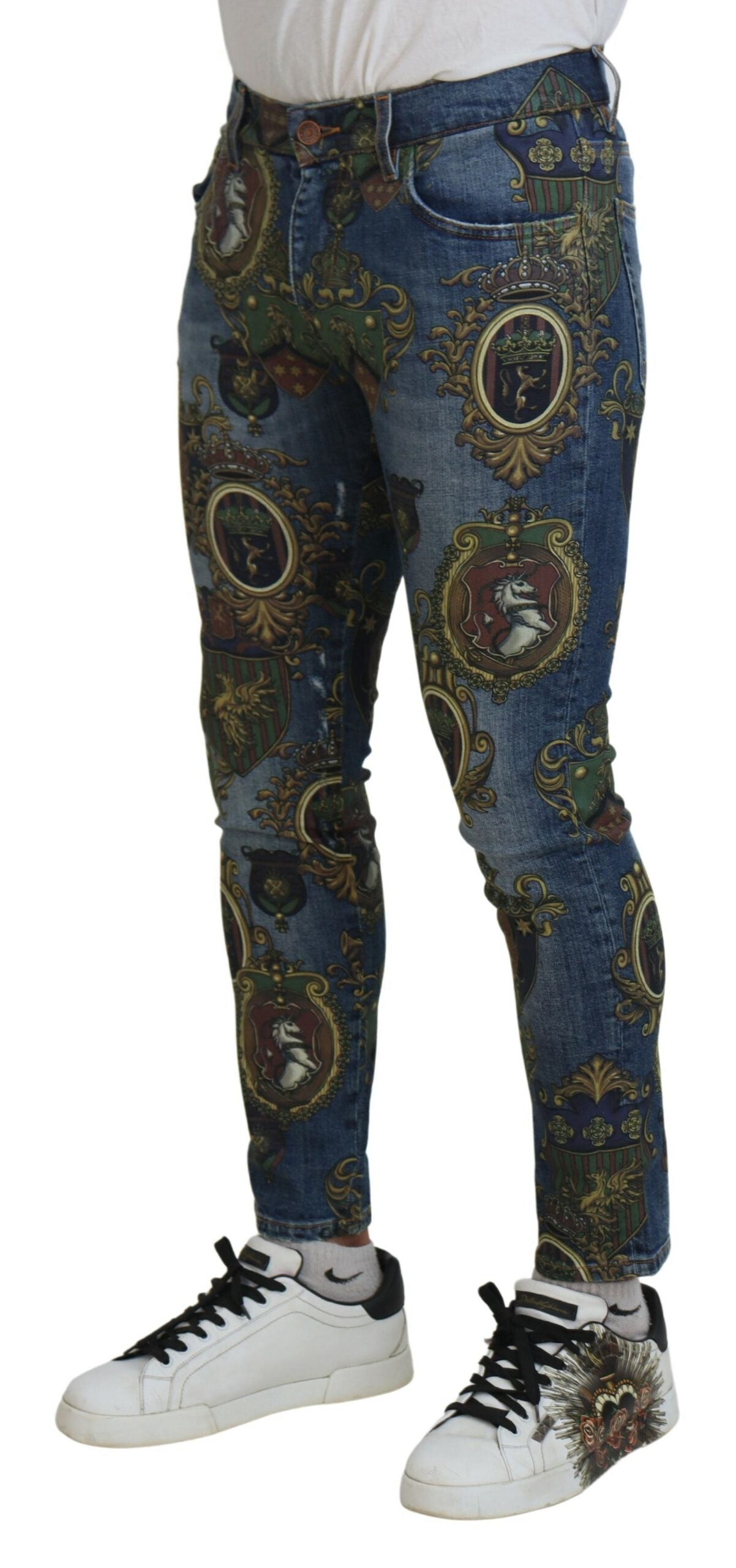 Jeans ajustados de algodón con estampado Medalla Azul de Dolce & Gabbana
