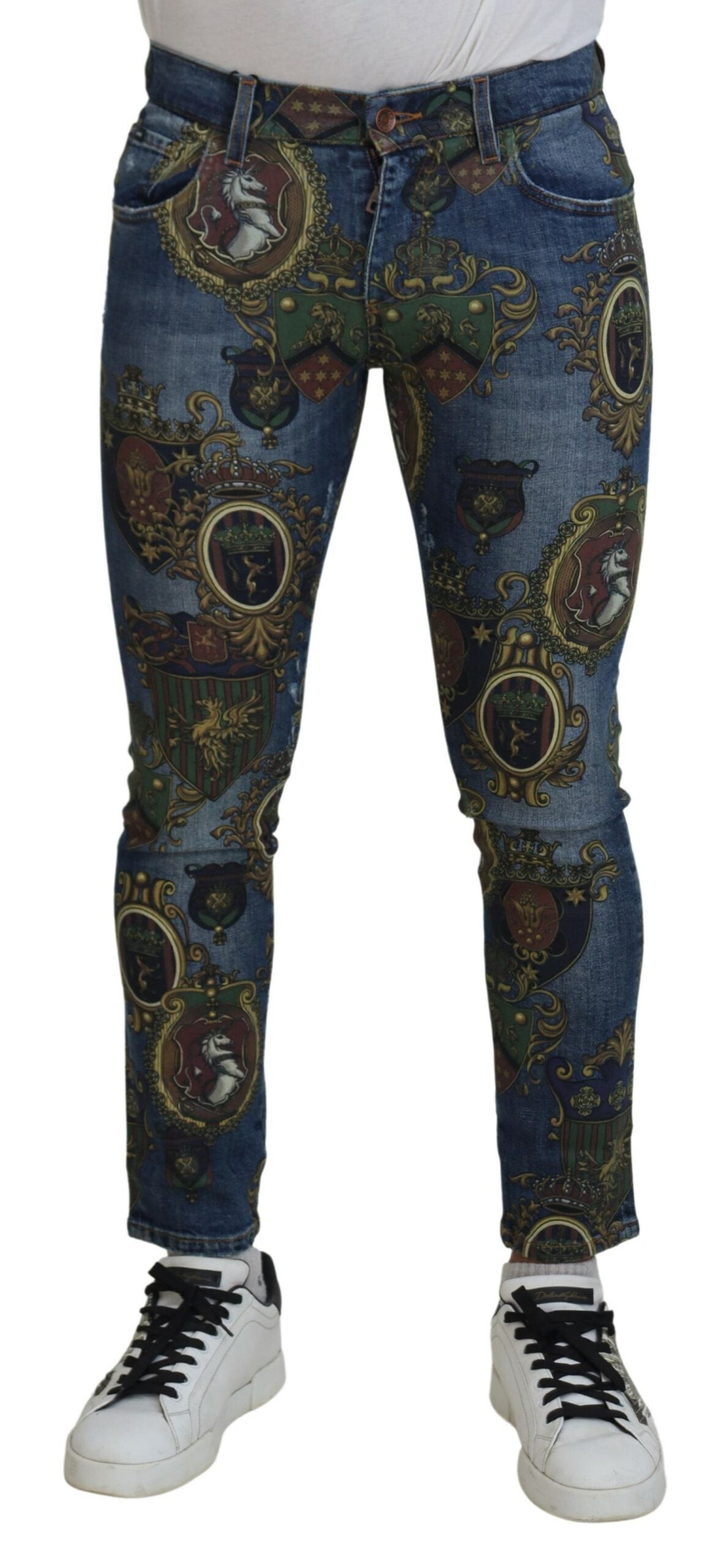 Jeans ajustados de algodón con estampado Medalla Azul de Dolce & Gabbana