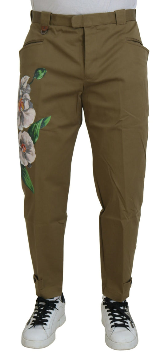 Pantalones chinos florales elásticos de algodón beige de Dolce & Gabbana