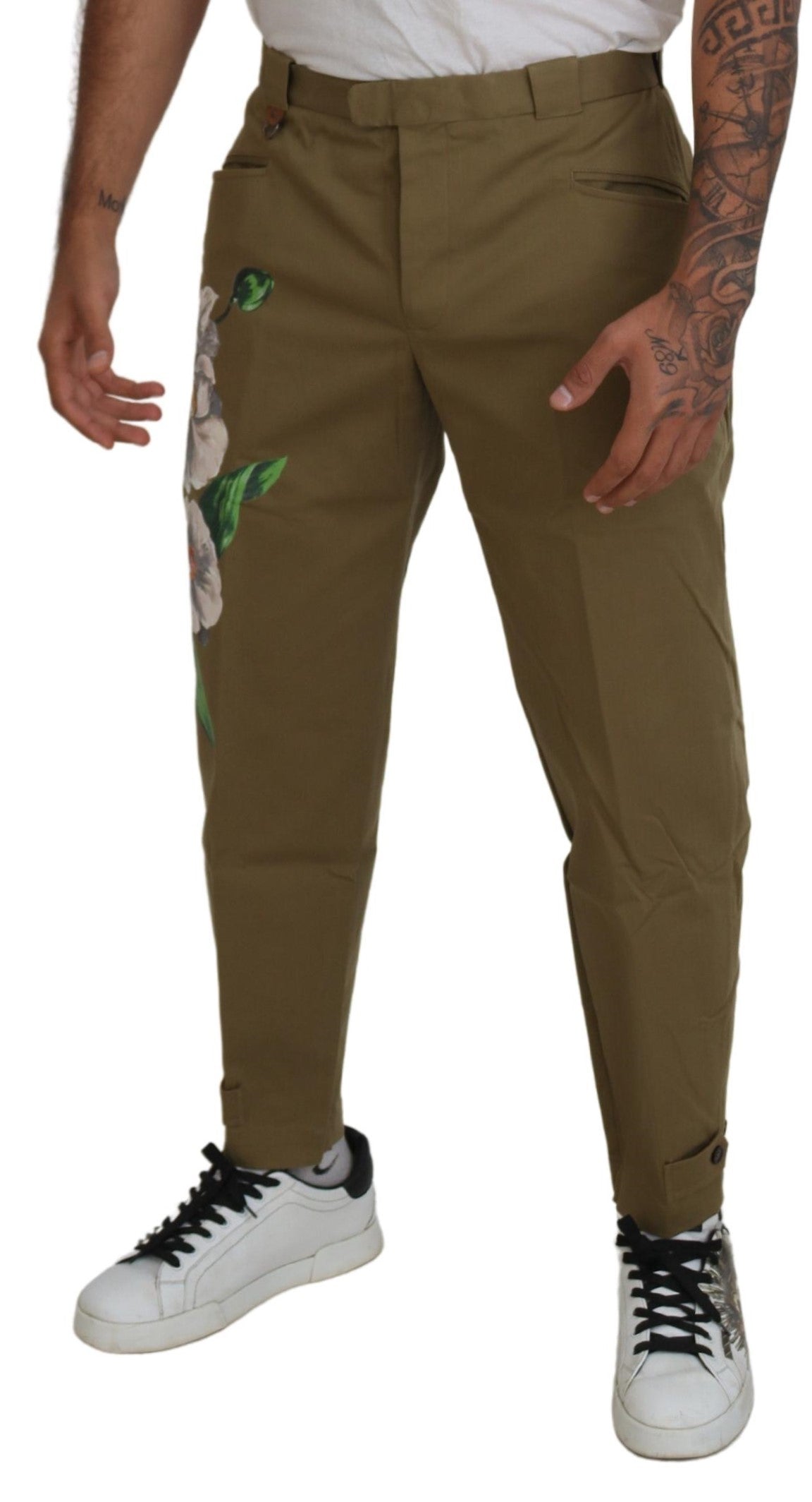 Pantalones chinos florales elásticos de algodón beige de Dolce & Gabbana
