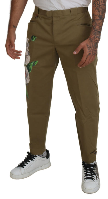 Pantalones chinos florales elásticos de algodón beige de Dolce & Gabbana
