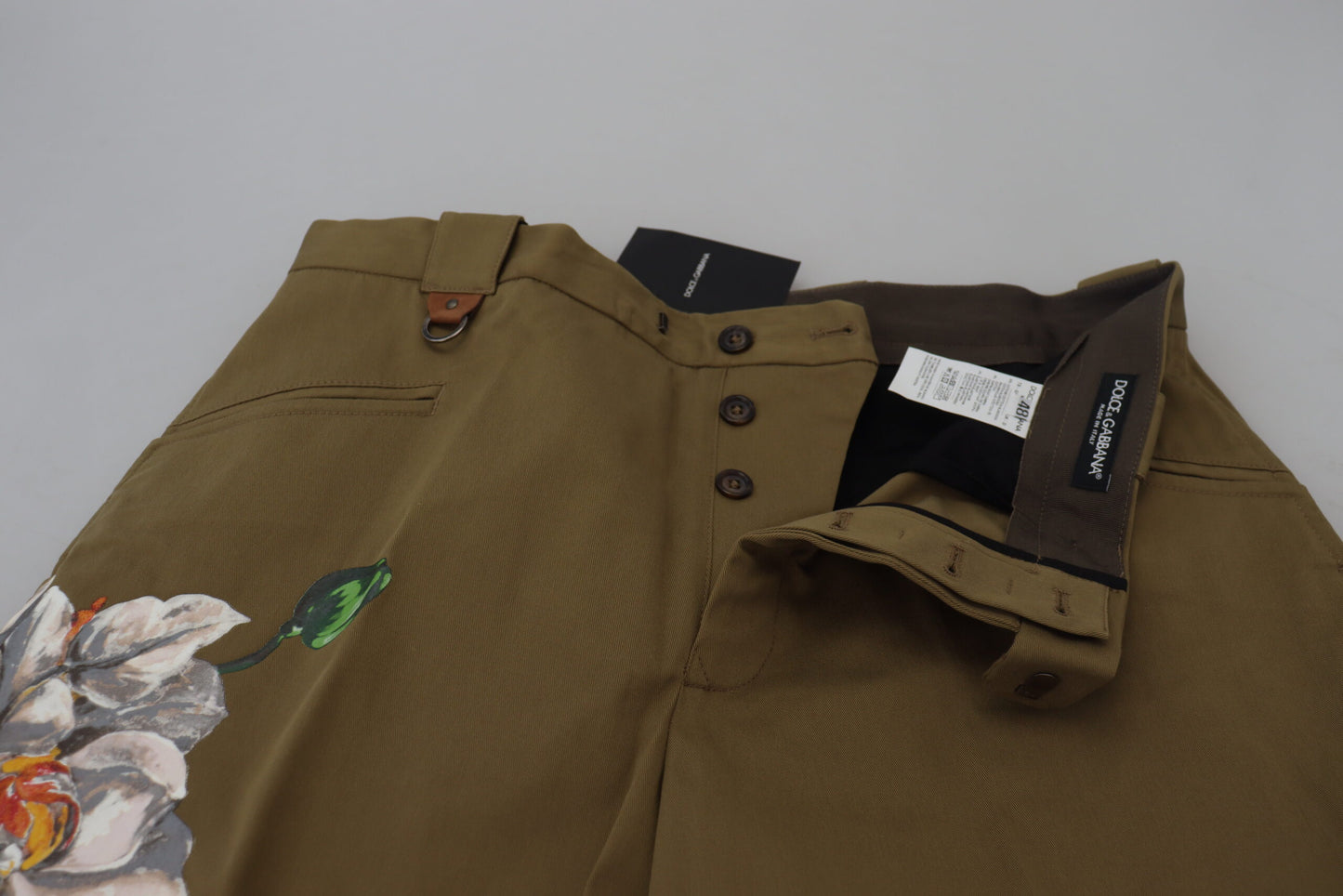 Pantalones chinos florales elásticos de algodón beige de Dolce & Gabbana