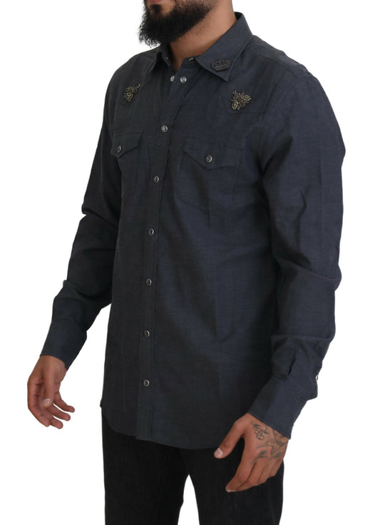 Camisa Dolce & Gabbana de mezclilla de algodón azul con abeja de cristal
