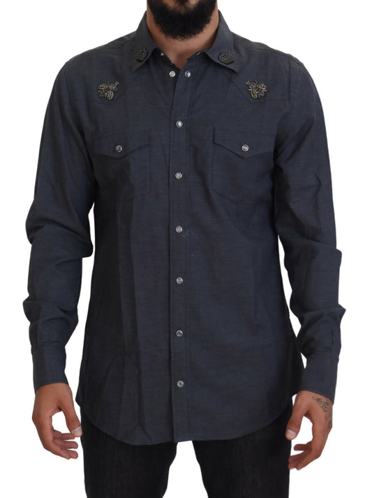 Camisa Dolce & Gabbana de mezclilla de algodón azul con abeja de cristal