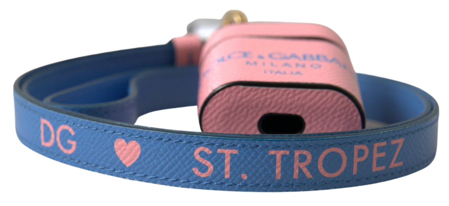 Estuche para Airpods Dolce & Gabbana de piel de becerro rosa y azul con correa con logotipo estampado