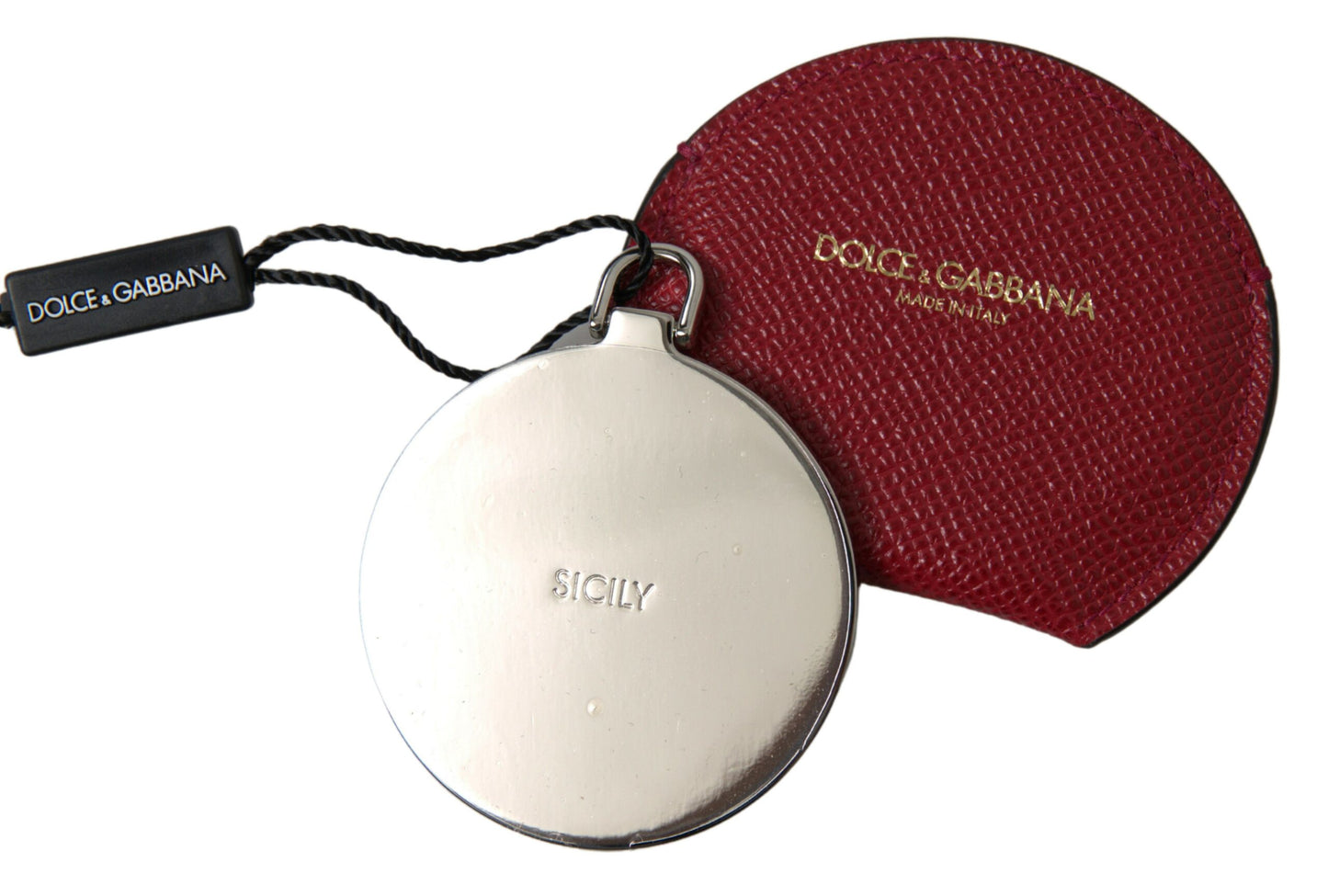 Porta espejo de mano redondo de piel de becerro roja Dolce & Gabbana