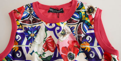 Camiseta sin mangas con cuello redondo y estampado floral de mayólica multicolor de Dolce & Gabbana