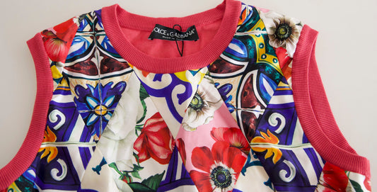 Camiseta sin mangas con cuello redondo y estampado floral de mayólica multicolor de Dolce & Gabbana