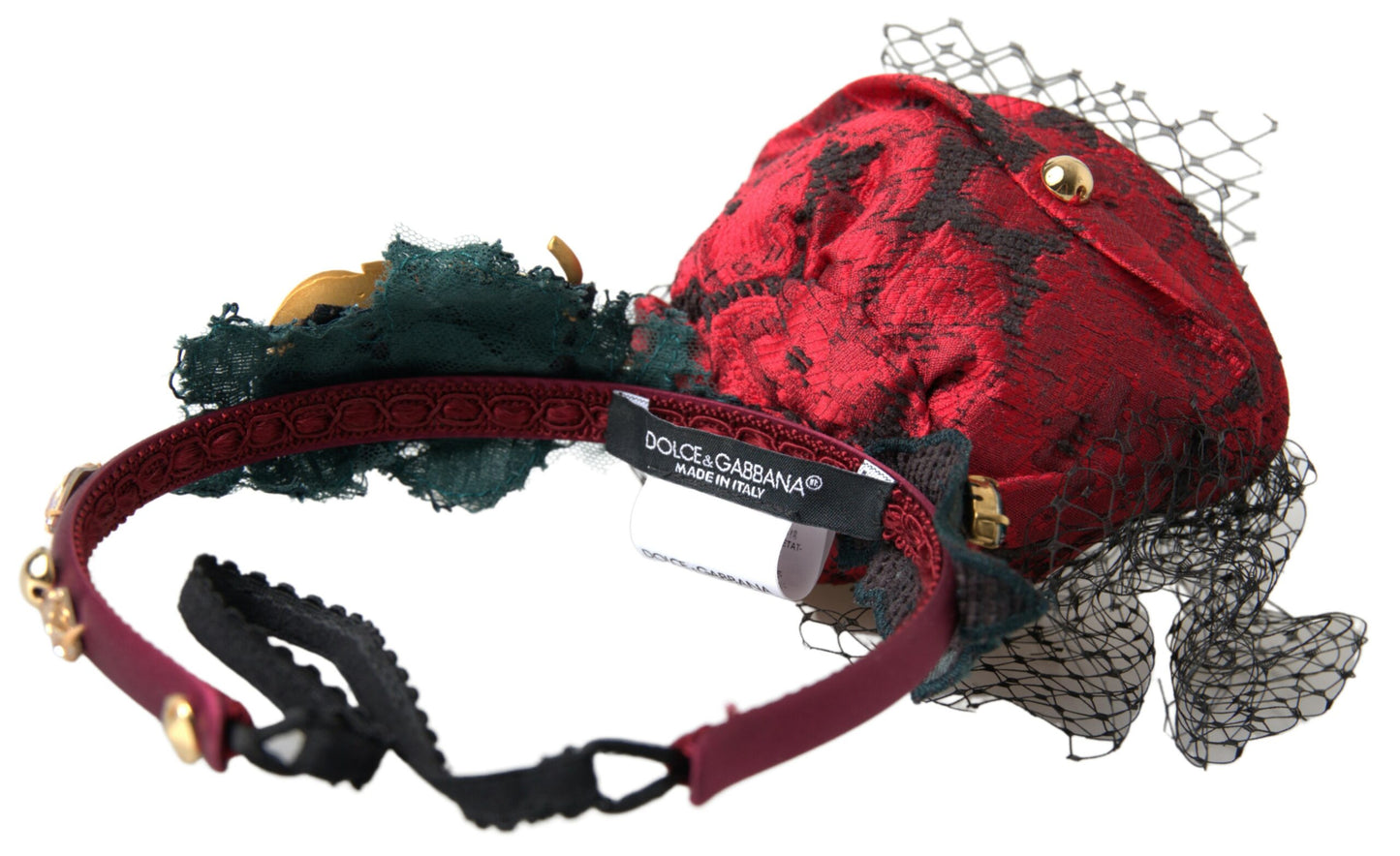 Diadema Dolce & Gabbana roja con logotipo de red de cristal de seda de rosa multicolor
