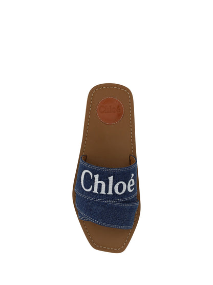 Chloé Woody Blue Denim and Cotton Sandals