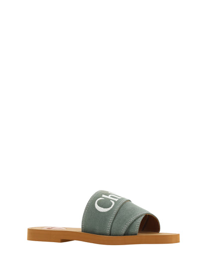 Chloé Women's Forest Green Woody Cotton Slide Sandals
