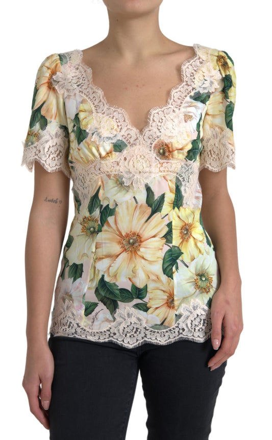 Blusa Dolce & Gabbana de encaje floral multicolor con cuello en V