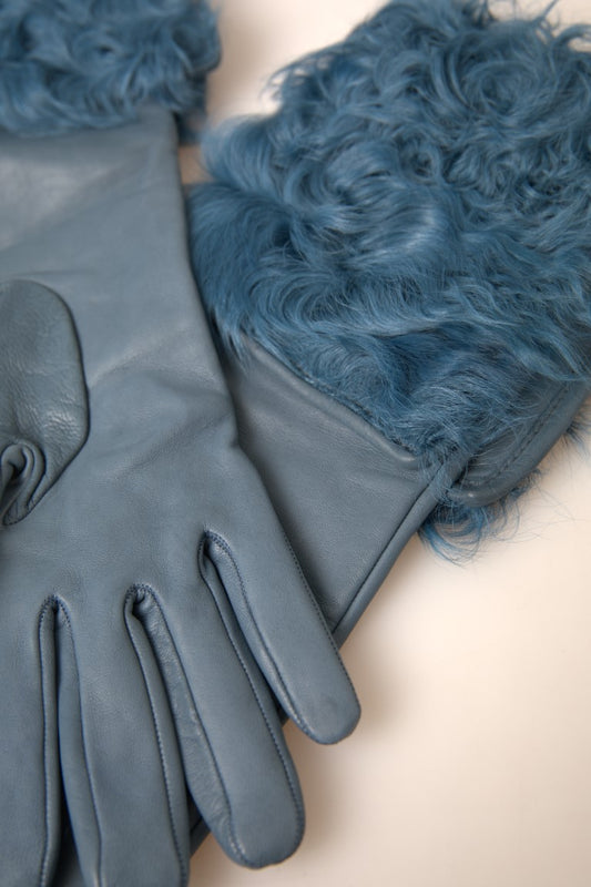 Guantes de piel azul con pelo y largo a medio brazo de Dolce & Gabbana