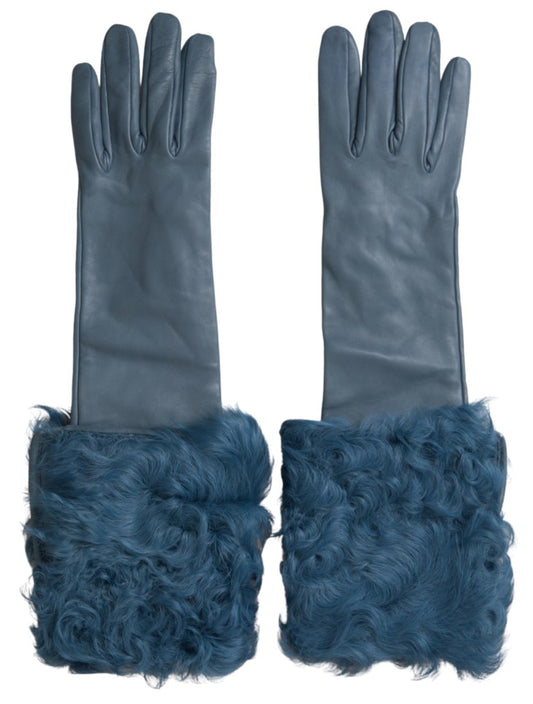 Guantes de piel azul con pelo y largo a medio brazo de Dolce & Gabbana