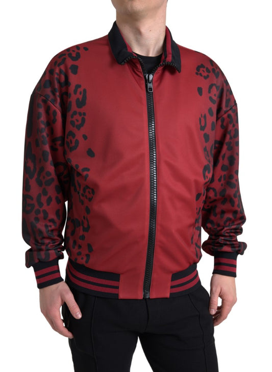 Chaqueta Bomber de Poliéster con Cremallera Completa y Estampado de Leopardo Rojo de Dolce & Gabbana