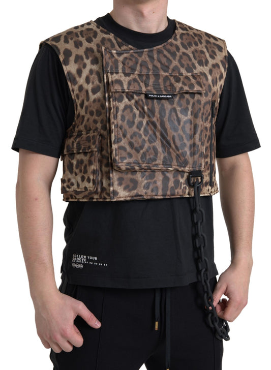 Ropa deportiva sin mangas de seda con estampado de leopardo marrón de Dolce & Gabbana