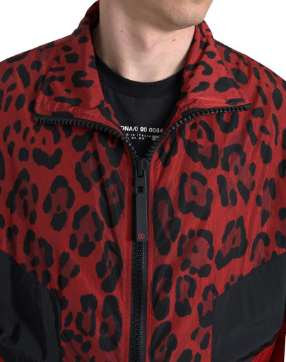Chaqueta con cremallera completa de nailon con estampado de leopardo rojo de Dolce & Gabbana