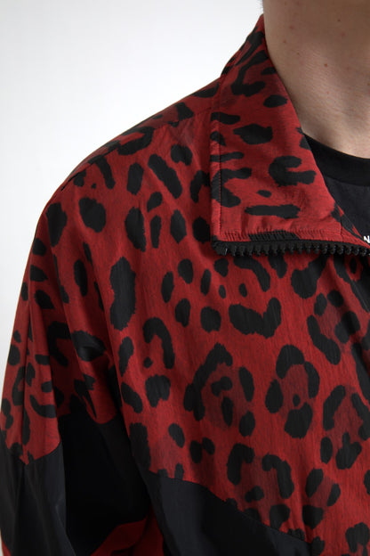 Chaqueta con cremallera completa de nailon con estampado de leopardo rojo de Dolce & Gabbana