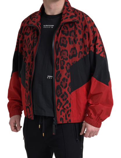 Chaqueta con cremallera completa de nailon con estampado de leopardo rojo de Dolce & Gabbana