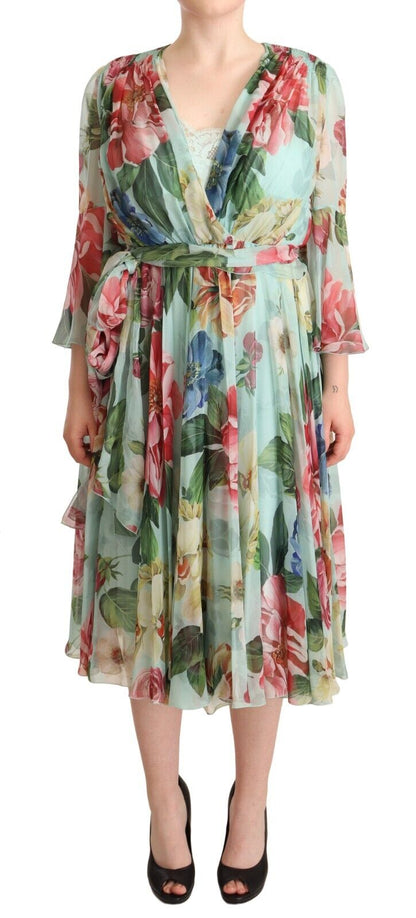 Vestido midi cruzado de seda con estampado floral verde multicolor de Dolce & Gabbana